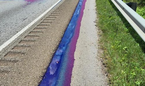 Truck with Dye Crashes Leaving a Highway Pretty In Pink